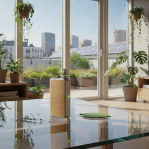 How to Use a Vape Pen: The Complete Beginner’s Guide 2 comparison of disposable vape pens A sleek, eco-friendly vape on a glass table in an urban apartment with a rooftop garden, solar panels, and plants.