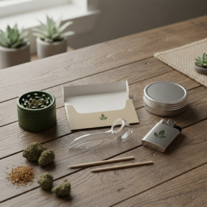  A flat lay of smoking gear on a rustic wooden table, featuring a grinder, papers, a glass pipe, and metal accessories.