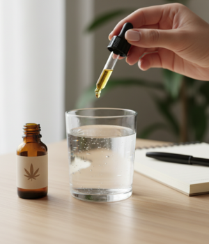 Close-up of a hand dropping cannabis oil into water, with a bottle, notebook, and pen on a wooden table.