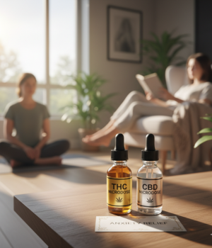 How to Use a Vape Pen: The Complete Beginner’s Guide 2 comparison of disposable vape pens Microdosing THC and CBD for anxiety relief, with dropper bottles on table and people calmly relaxing in the background.