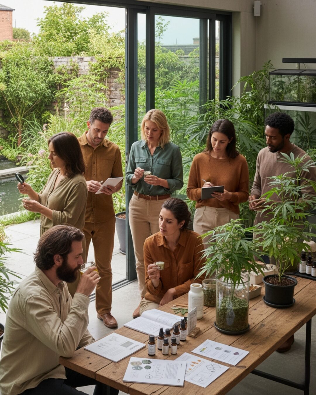 A diverse group of adults thoughtfully examines cannabis plants and products in a bright, modern wellness space.