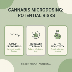  Educational infographic on cannabis microdosing risks: drowsiness, increased tolerance, and THC sensitivity.