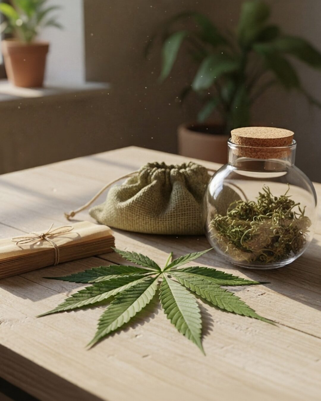 A cannabis leaf sits on a wooden table alongside biodegradable rolling papers, glass jar, and a hemp pouch in sunlight.